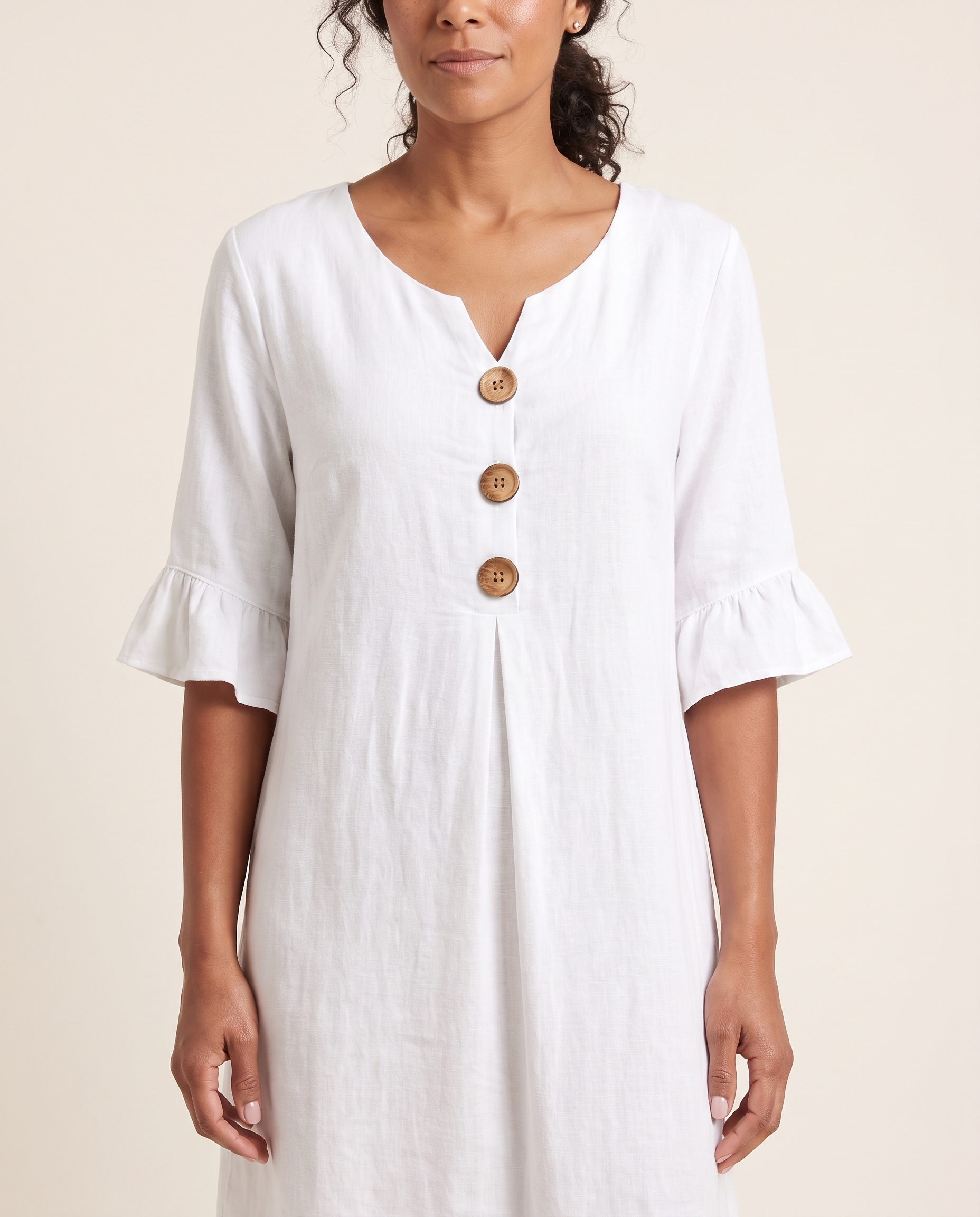 V Neck Button Front Dress with Ruffle Cuffs – product detail view 1