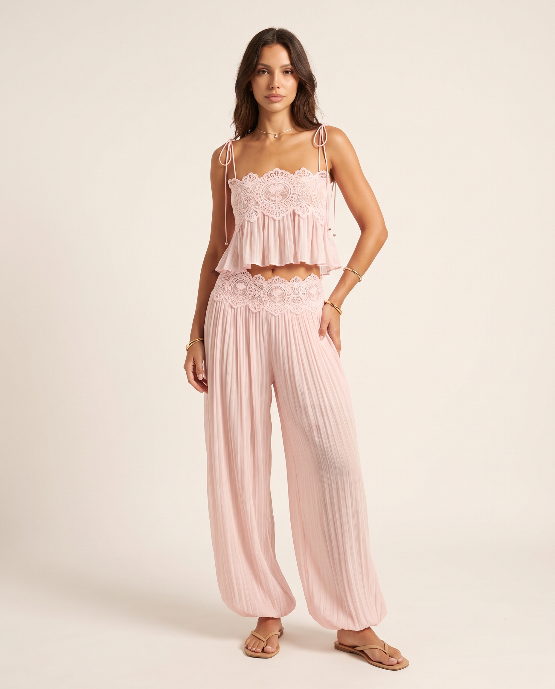 Floral Lace Ruffle Crop Top and Lantern Trouser Set – primary product view
