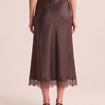 Rear view of the Coffee lace trim A-line midi skirt with scalloped hem