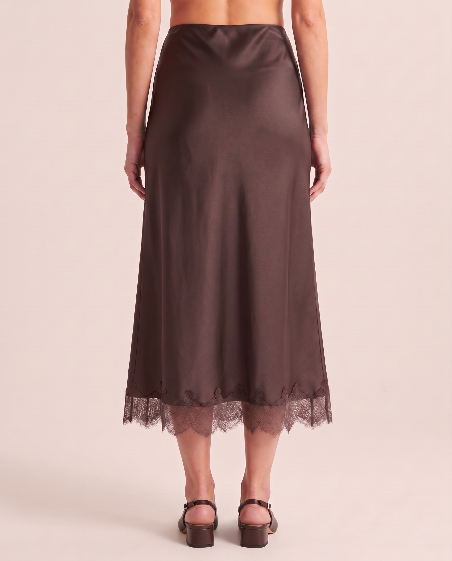Rear view of the Coffee lace trim A-line midi skirt with scalloped hem