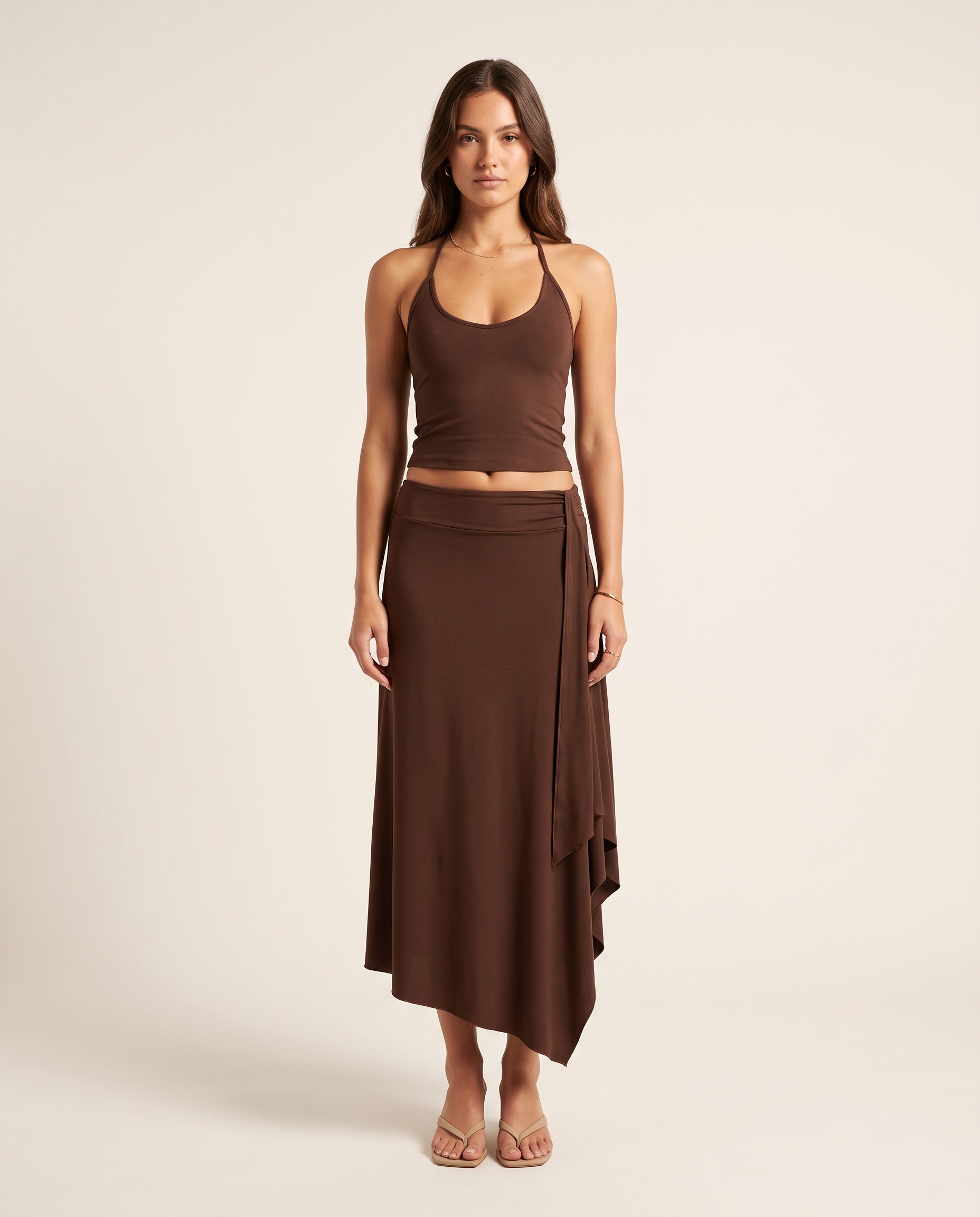 Lace Up Halter Crop Top and Ruched Maxi Skirt Set – primary product view