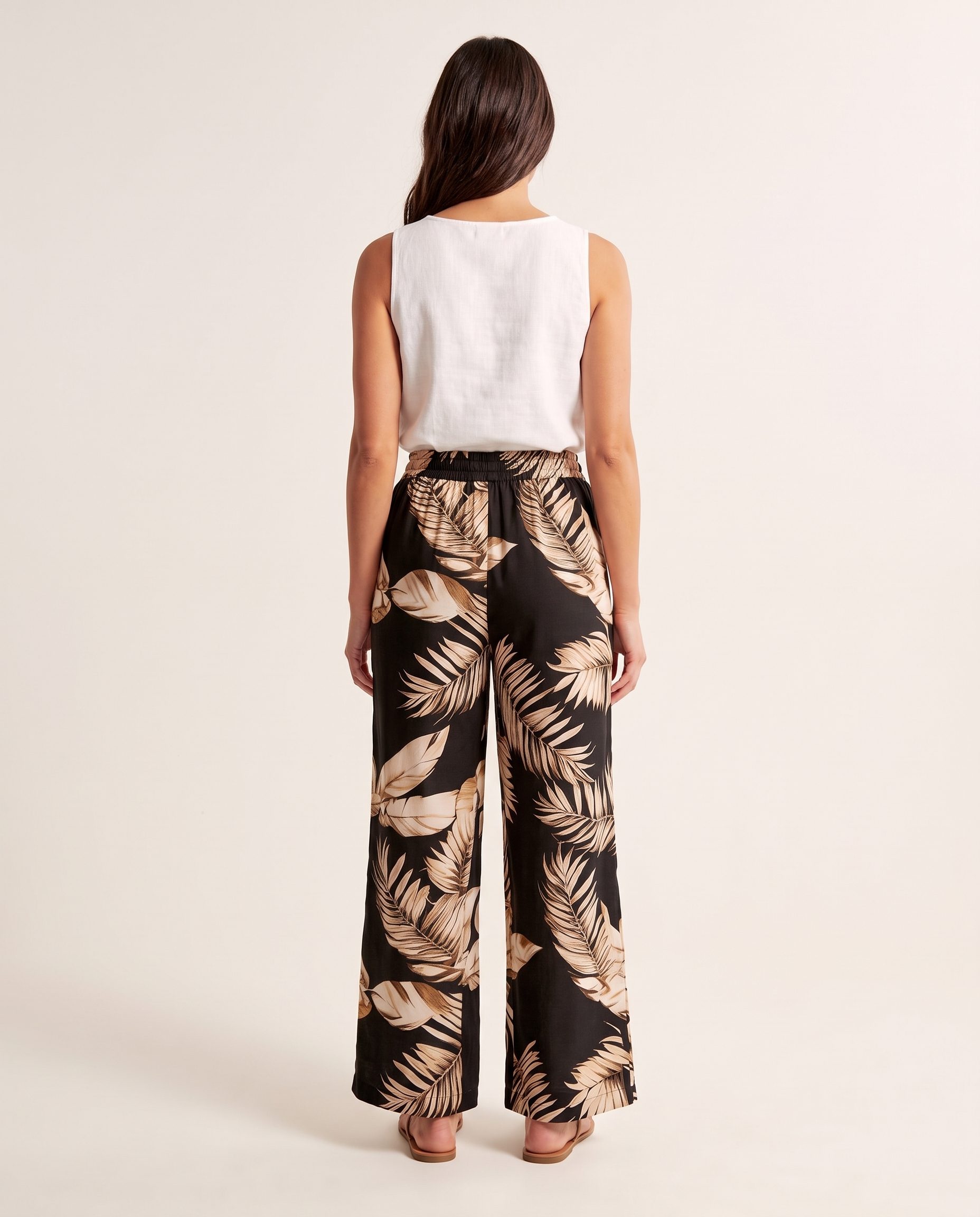 Leaf Print Wide Leg Trousers with Elastic Waist – alternate product view