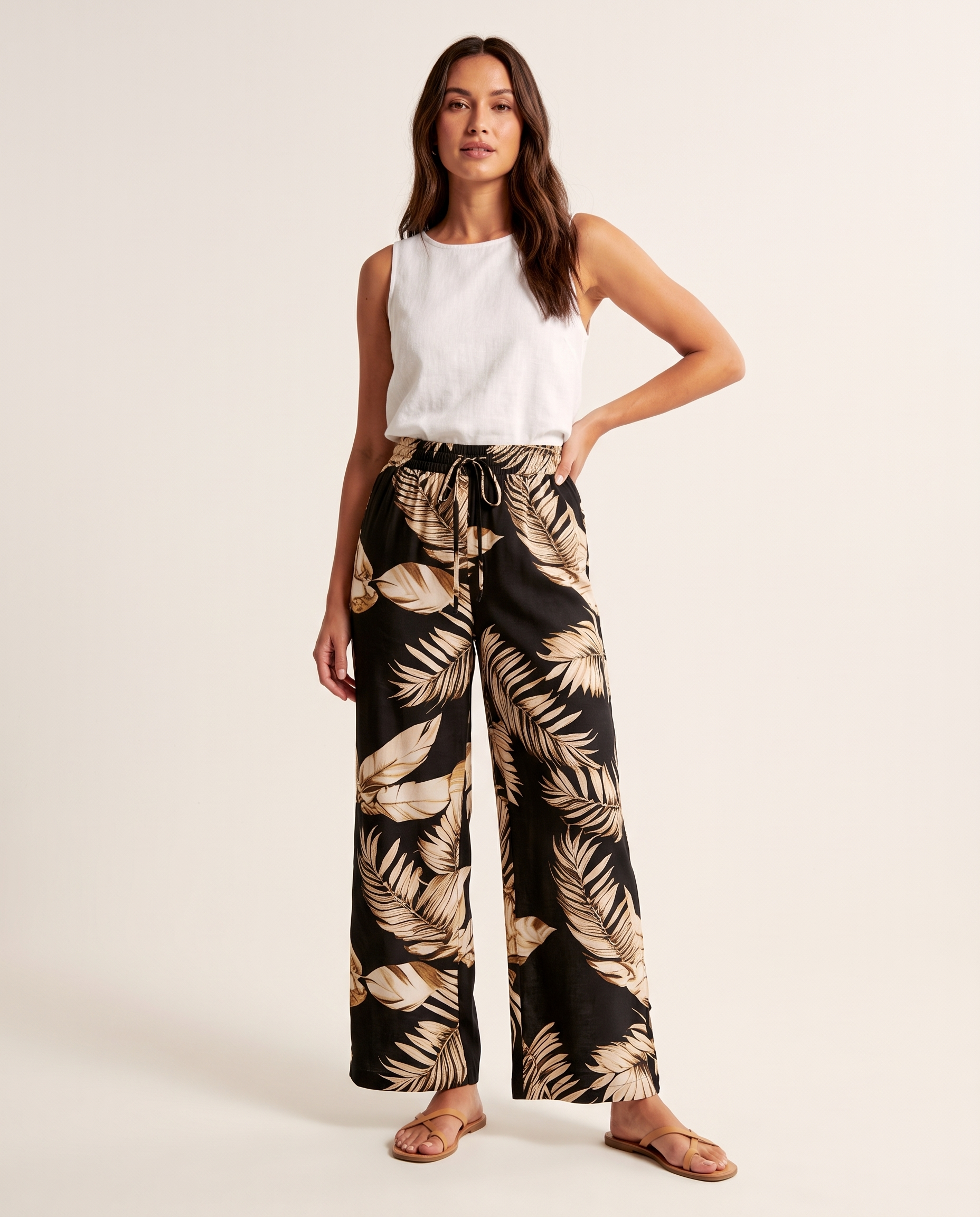 Leaf Print Wide Leg Trousers with Elastic Waist – primary product view