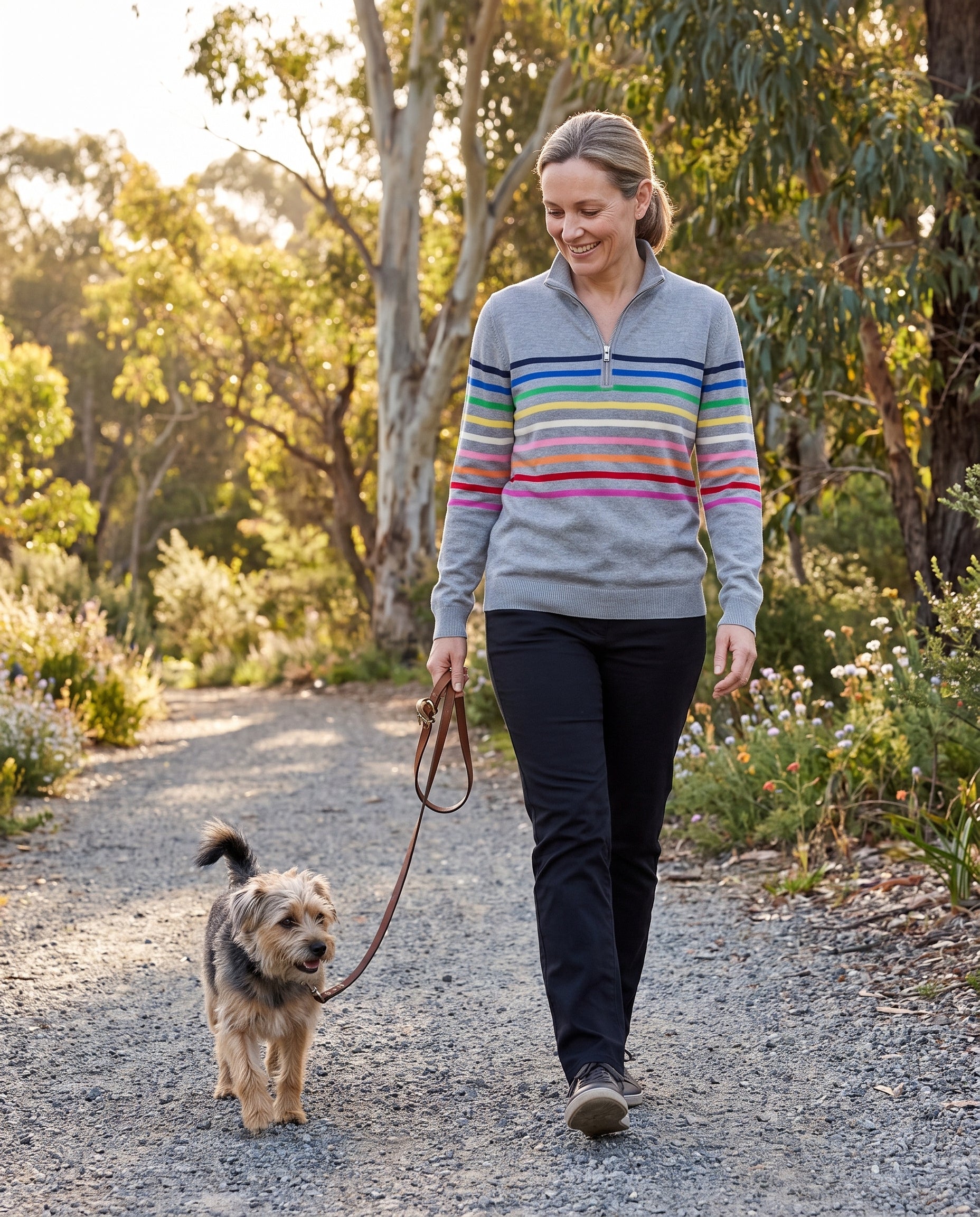 Women's Knit Pullover with Quarter Zip and Striped Bands — Australian lifestyle 1