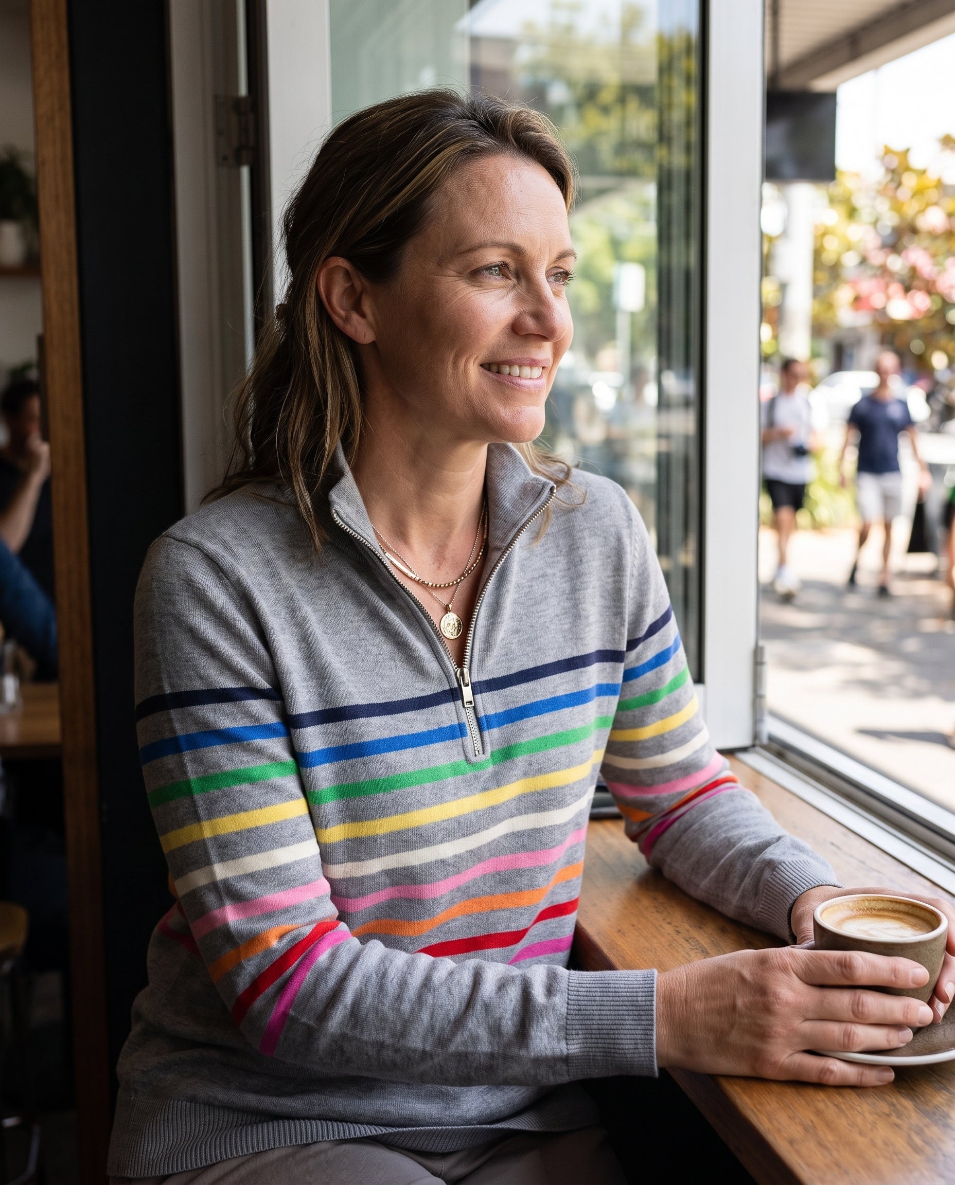 Women's Knit Pullover with Quarter Zip and Striped Bands — Australian lifestyle 2