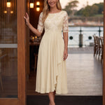 Women's Midi Dress with Lace Bodice and Sheer Elbow Sleeves — Australian lifestyle 1
