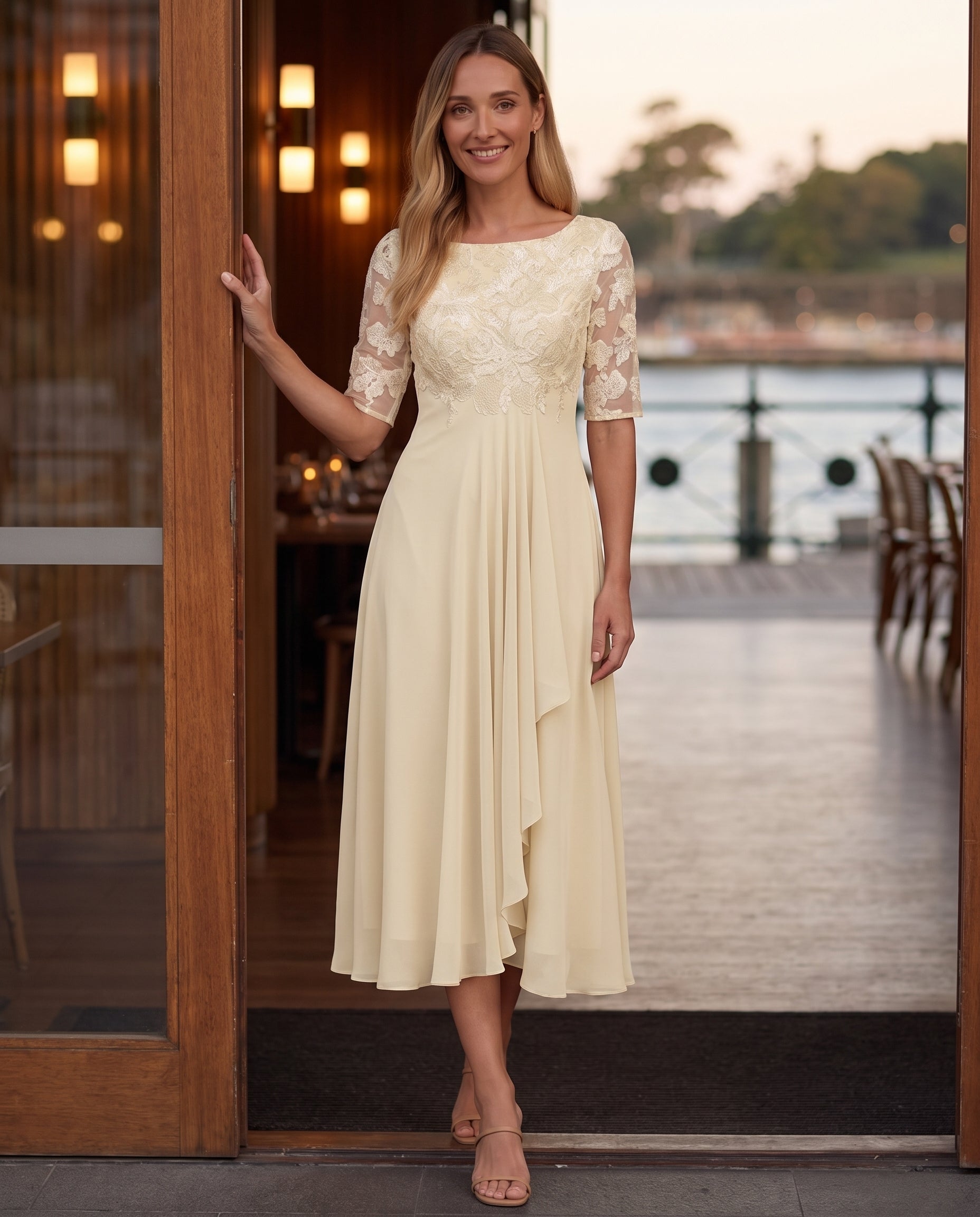 Women's Midi Dress with Lace Bodice and Sheer Elbow Sleeves — Australian lifestyle 1