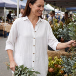 Women's Crinkled Blouse with Button Front and Roll-Tab Sleeves — Australian lifestyle 1