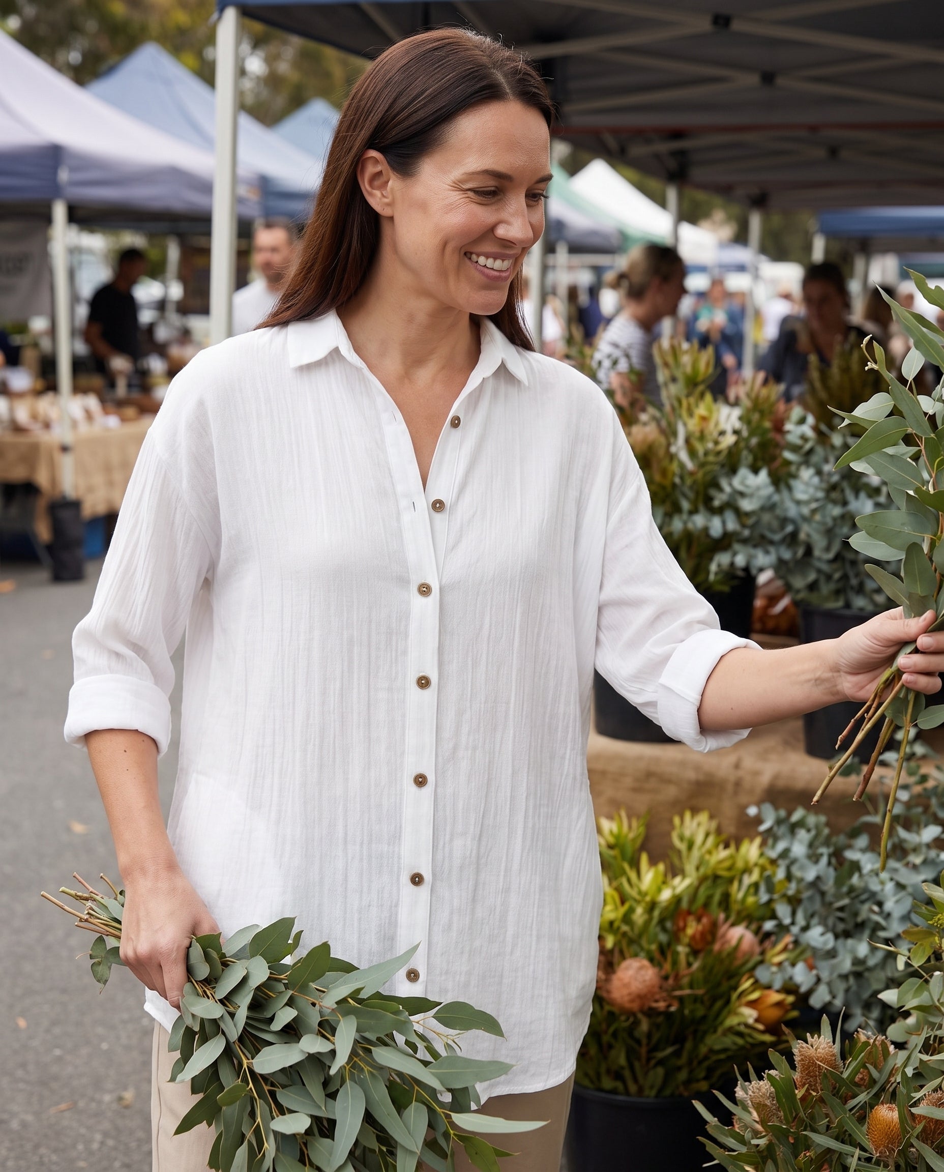 Women's Crinkled Blouse with Button Front and Roll-Tab Sleeves — Australian lifestyle 1