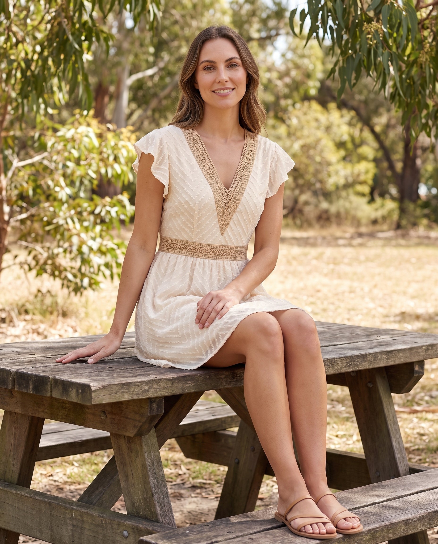 Women's Woven Mini Dress with V-Neck Trim and Flutter Sleeves — Australian lifestyle 2