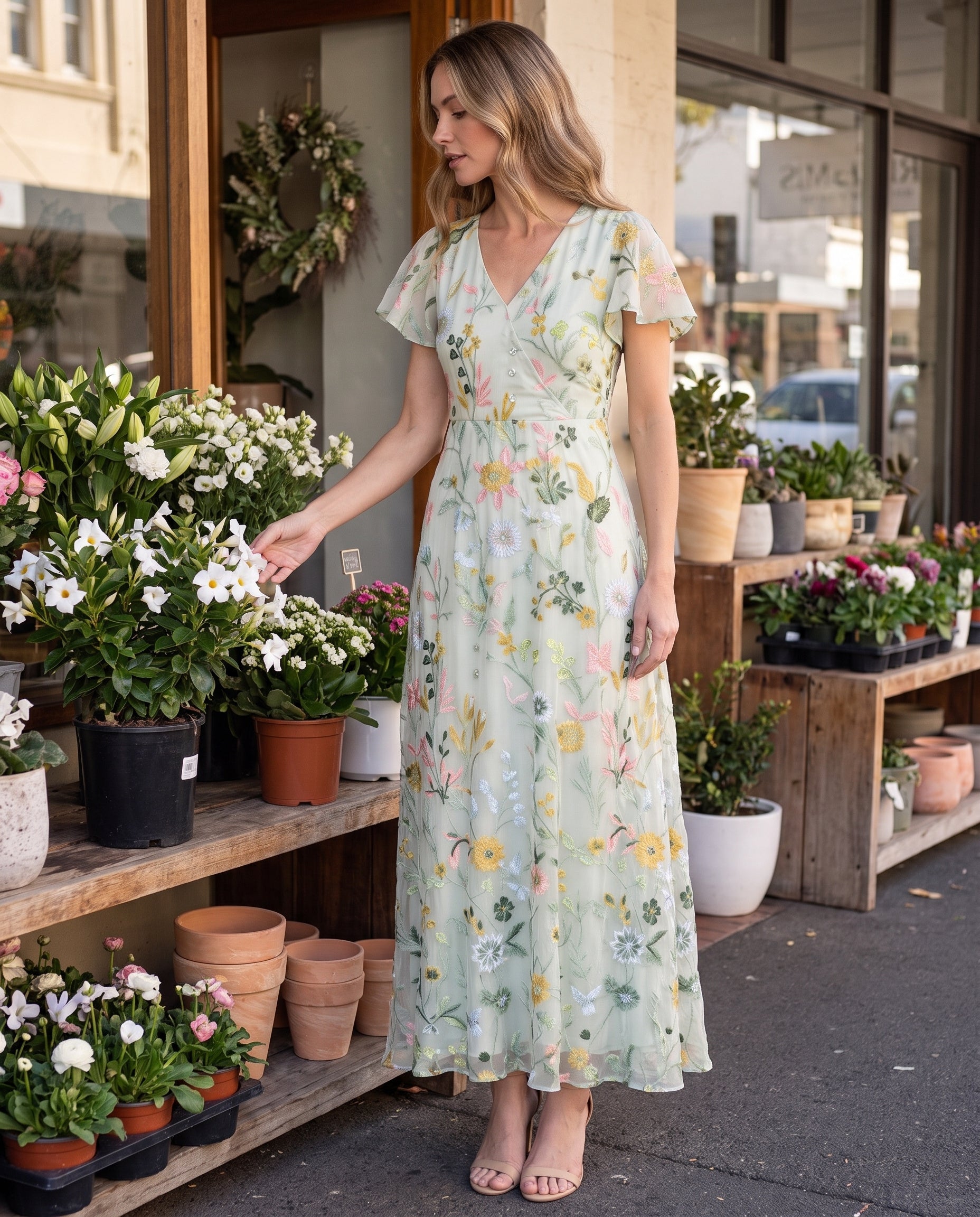 Women's Floral Woven Maxi Dress with V Neck and Flutter Sleeves — Australian lifestyle 1