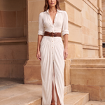 Women's Woven Maxi Dress with Button Front and Buckle Belt — Australian lifestyle 1