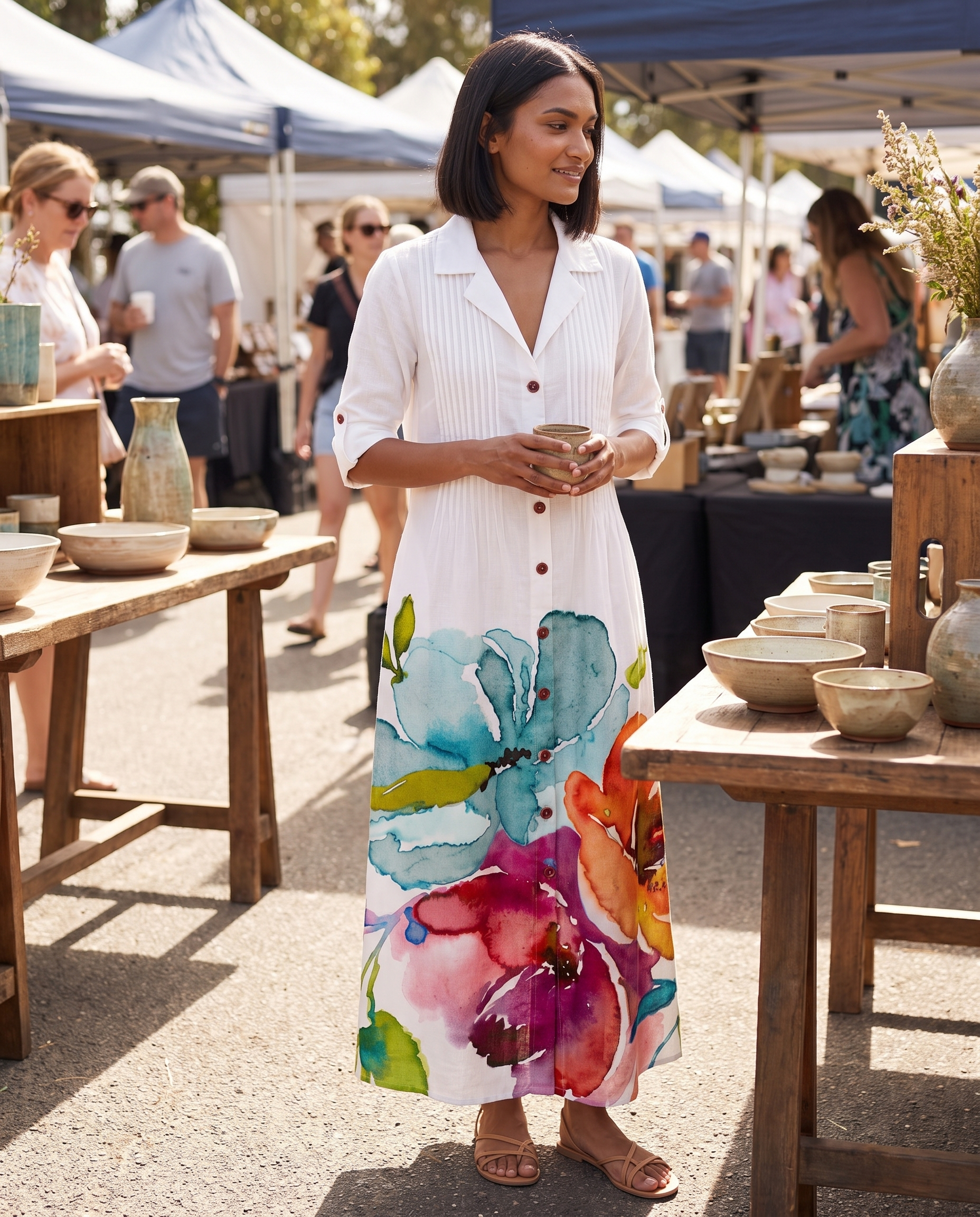 Leaf Print Maxi Shirt Dress — pottery market lifestyle