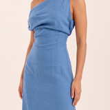 One Shoulder Linen Maxi Dress with Side Split — construction detail