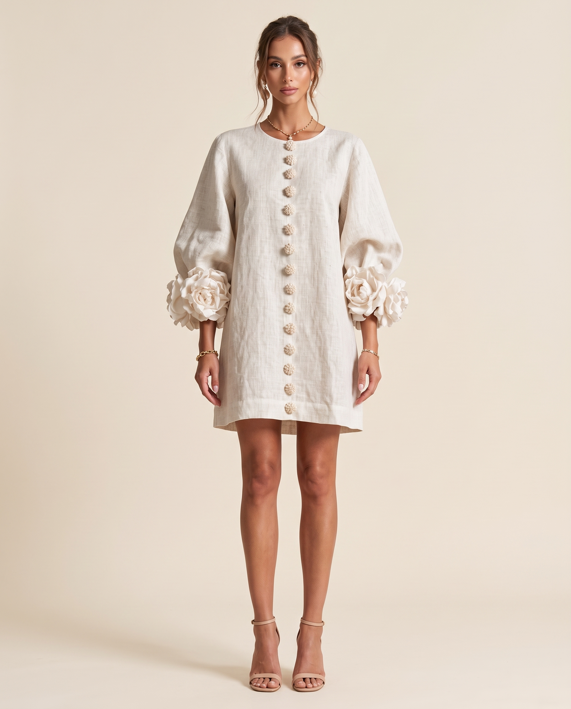 Linen Mini Dress with Puff Sleeves — front view