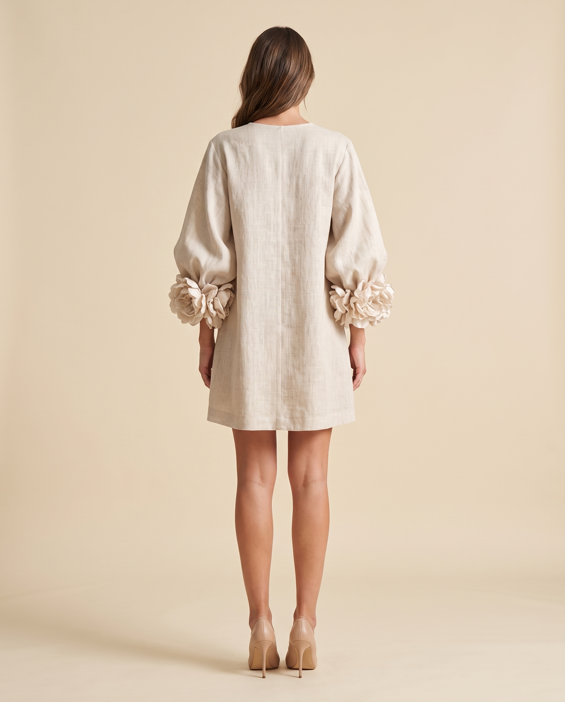Linen Mini Dress with Puff Sleeves — back view