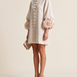 Linen Mini Dress with Puff Sleeves — three-quarter view