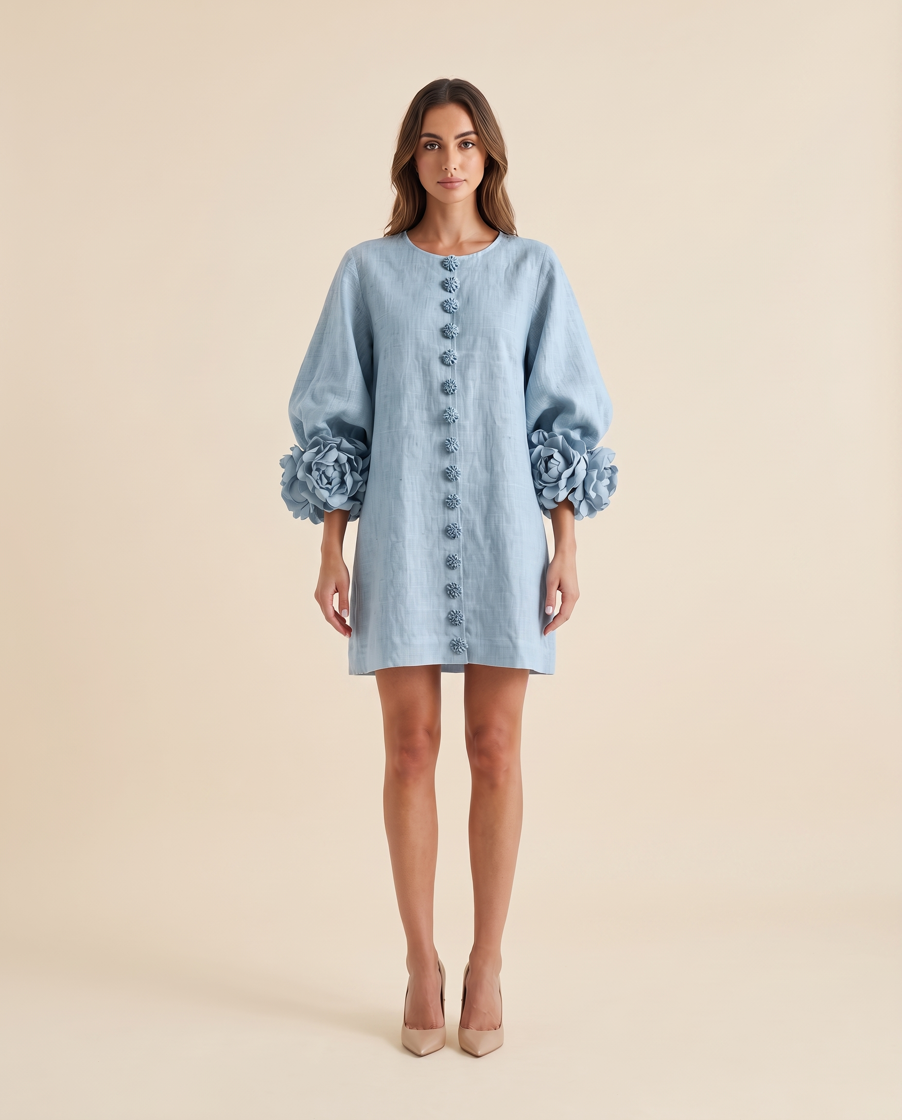 Linen Mini Dress with Puff Sleeves — product view