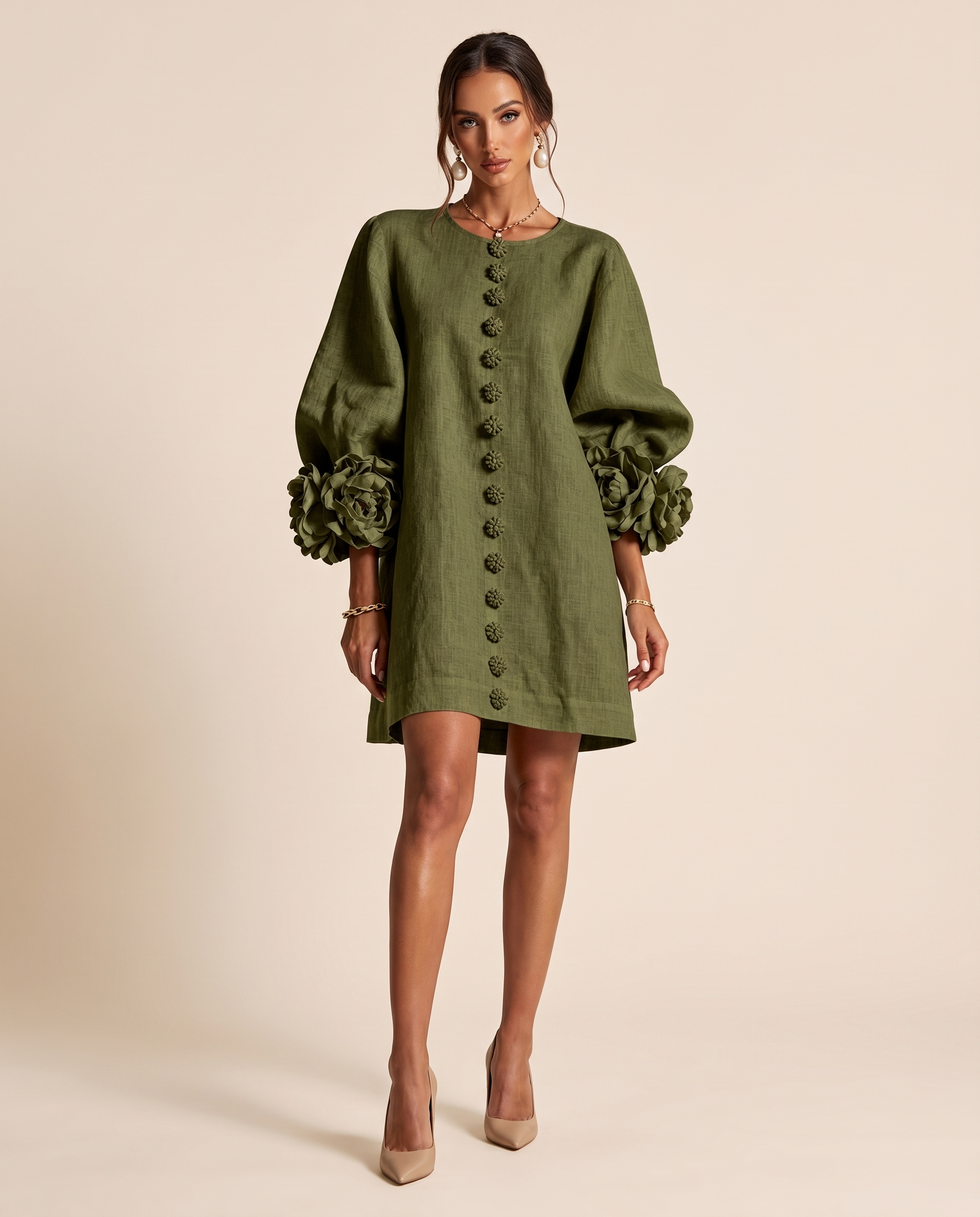 Linen Mini Dress with Puff Sleeves — product view