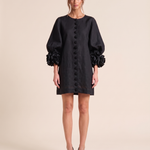 Linen Mini Dress with Puff Sleeves — Black studio front view