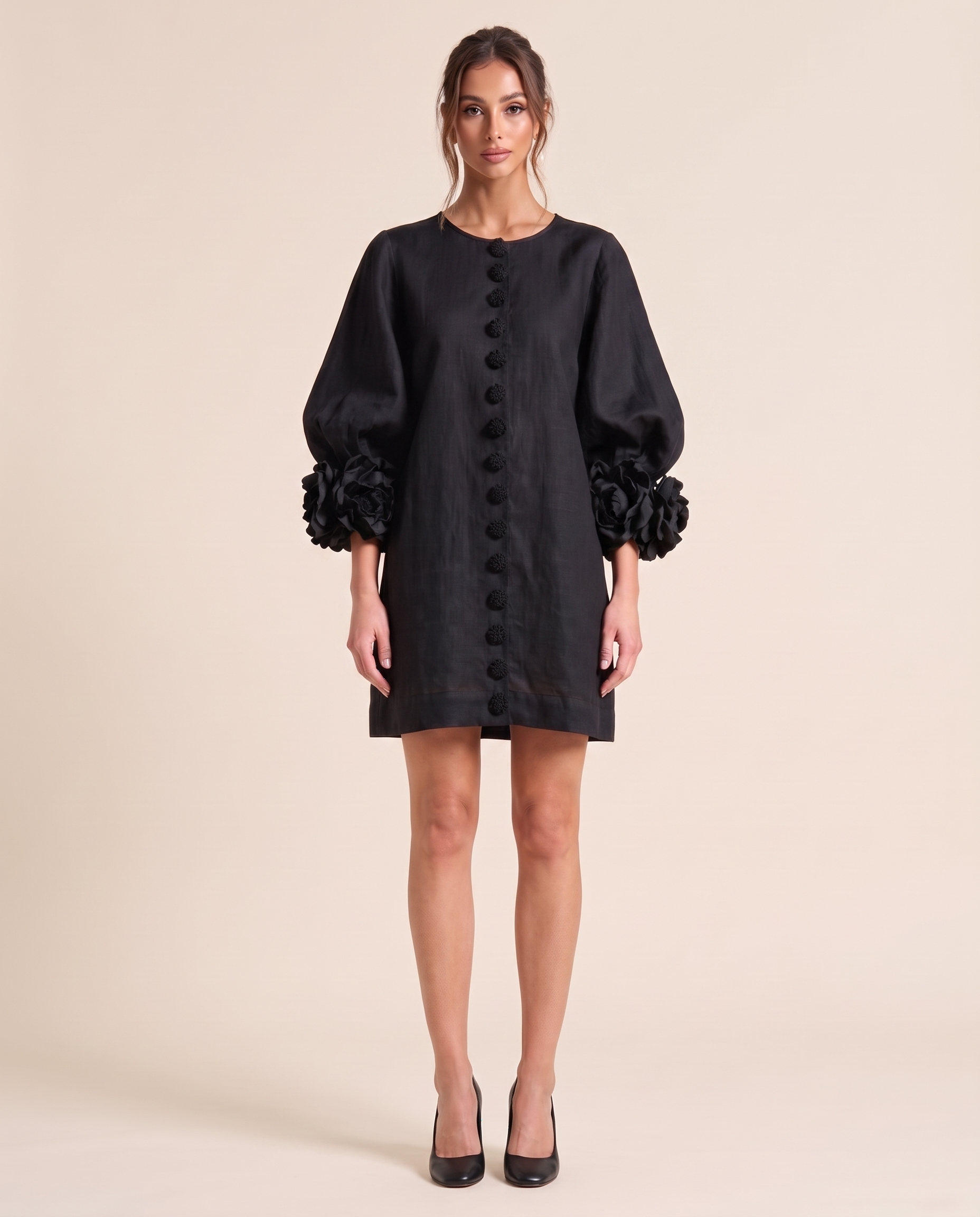 Linen Mini Dress with Puff Sleeves — Black studio front view