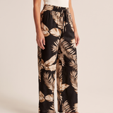 Leaf Print Wide Leg Trousers with Elastic Waist – three-quarter view