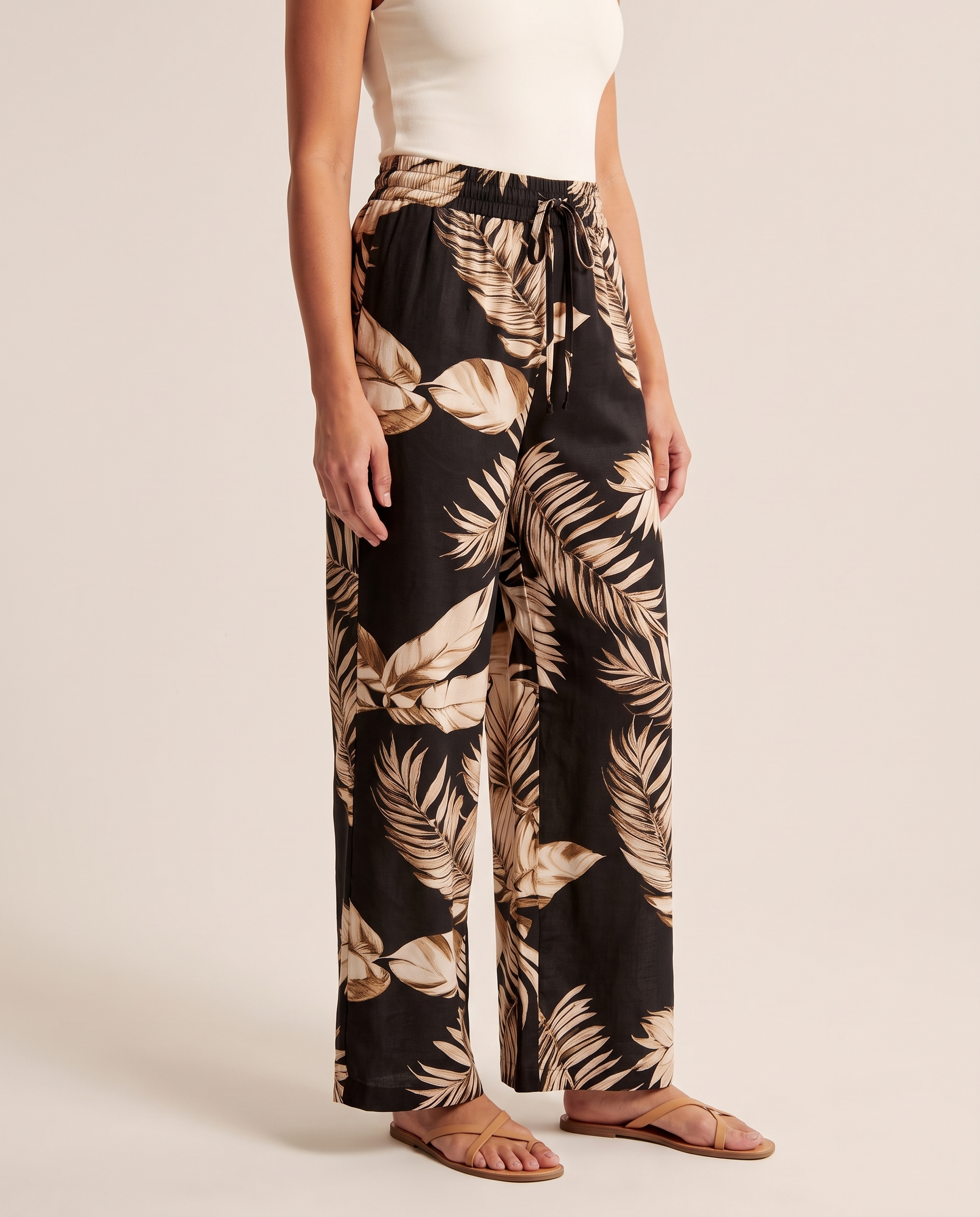 Leaf Print Wide Leg Trousers with Elastic Waist – three-quarter view