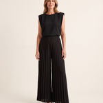 Black floral pleated wide leg jumpsuit, front studio view