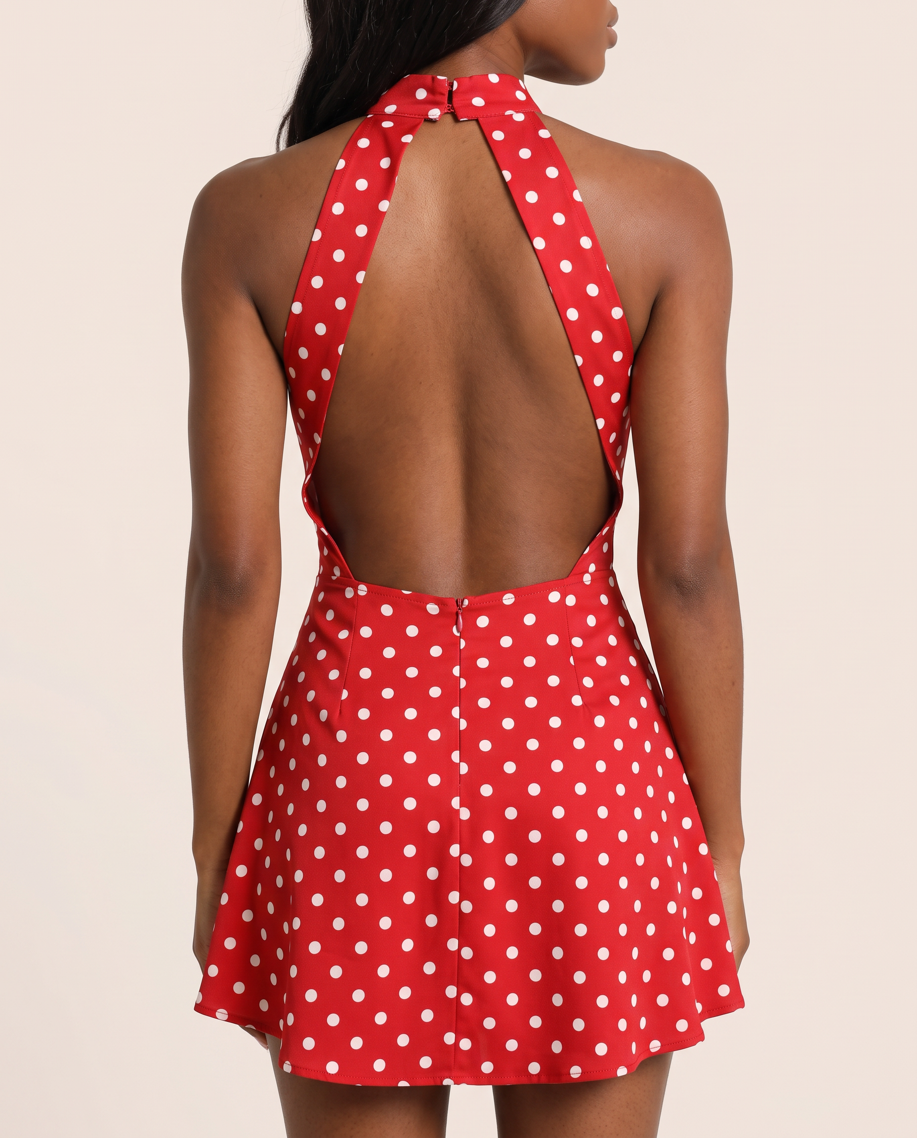 Polka Dot Halter Mini Dress with Open Back — construction detail