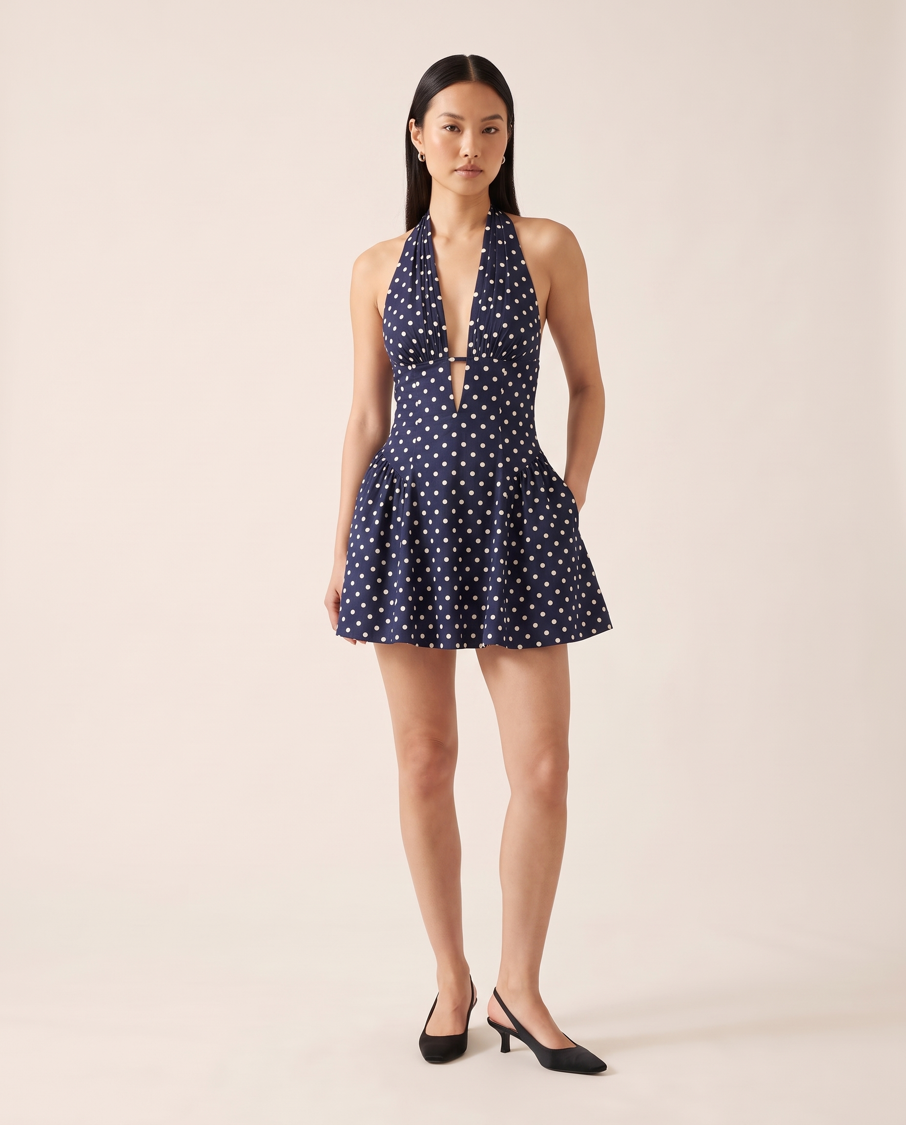 Polka Dot A Line Mini Dress with Halter Neck — Navy studio