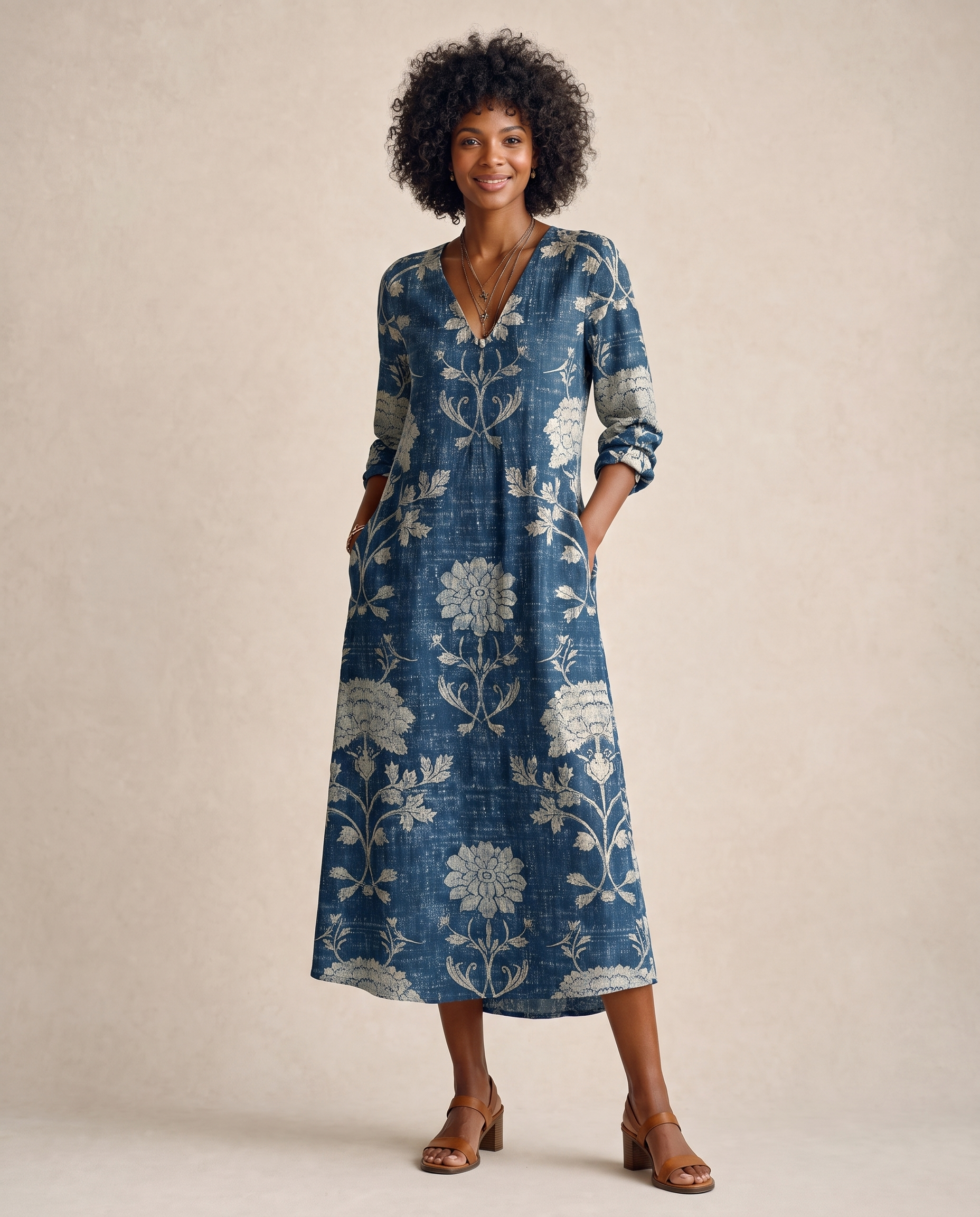 Printed Midi Dress with Pockets — Dark Blue studio