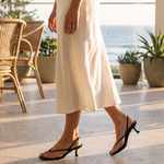 Square-Toe Kitten-Heel Sandals with Back Strap — worn outdoors