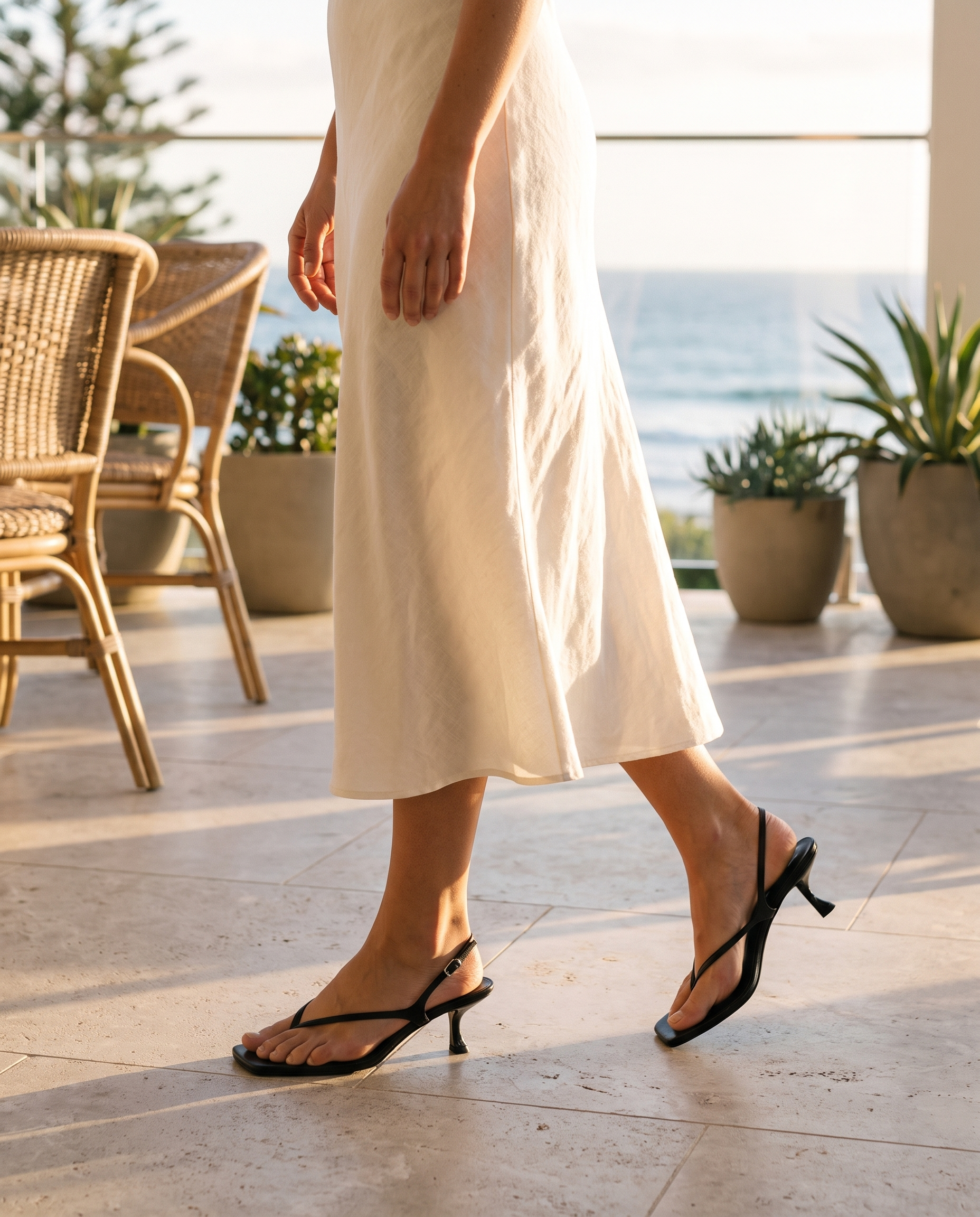 Square-Toe Kitten-Heel Sandals with Back Strap — worn outdoors