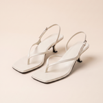 Square-Toe Kitten-Heel Sandals with Back Strap — White studio front view