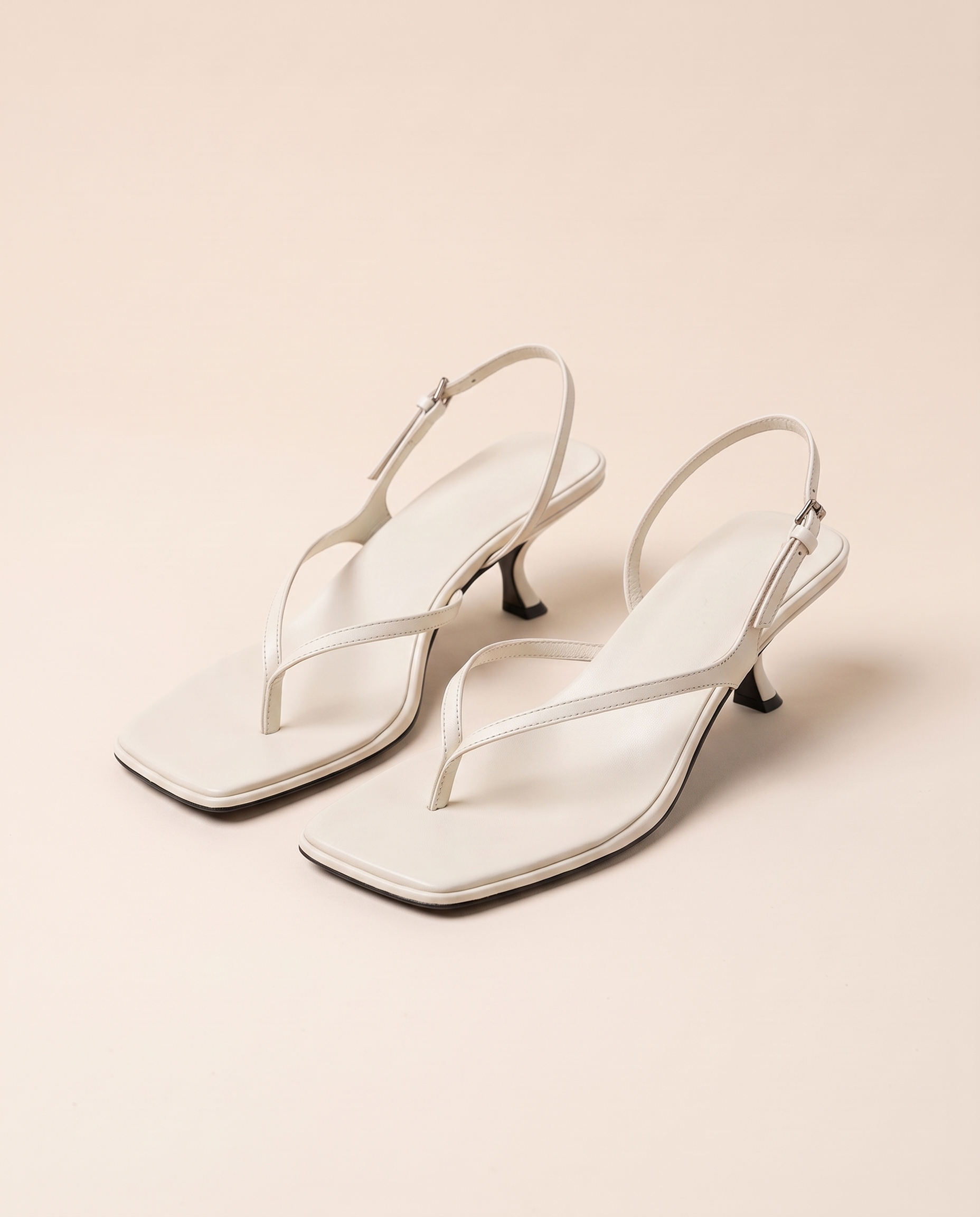 Square-Toe Kitten-Heel Sandals with Back Strap — White studio front view