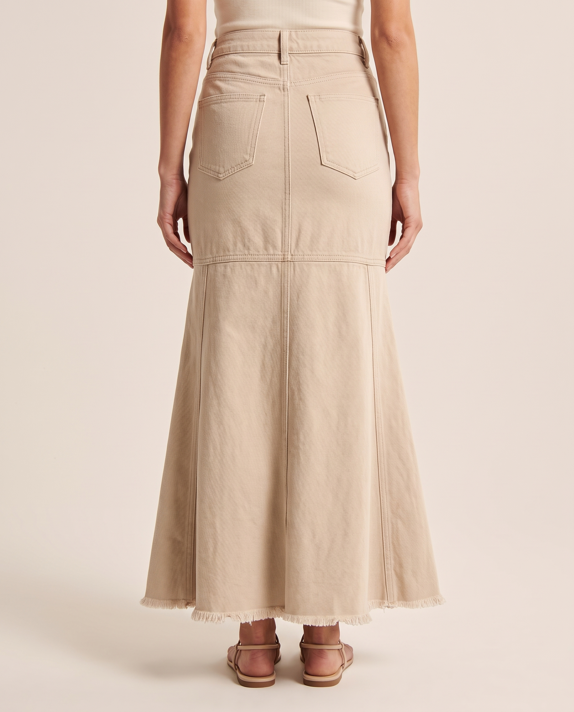 Button-Waist Denim Fishtail Maxi Skirt — back view
