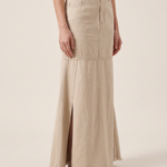 Button-Waist Denim Fishtail Maxi Skirt — three-quarter view