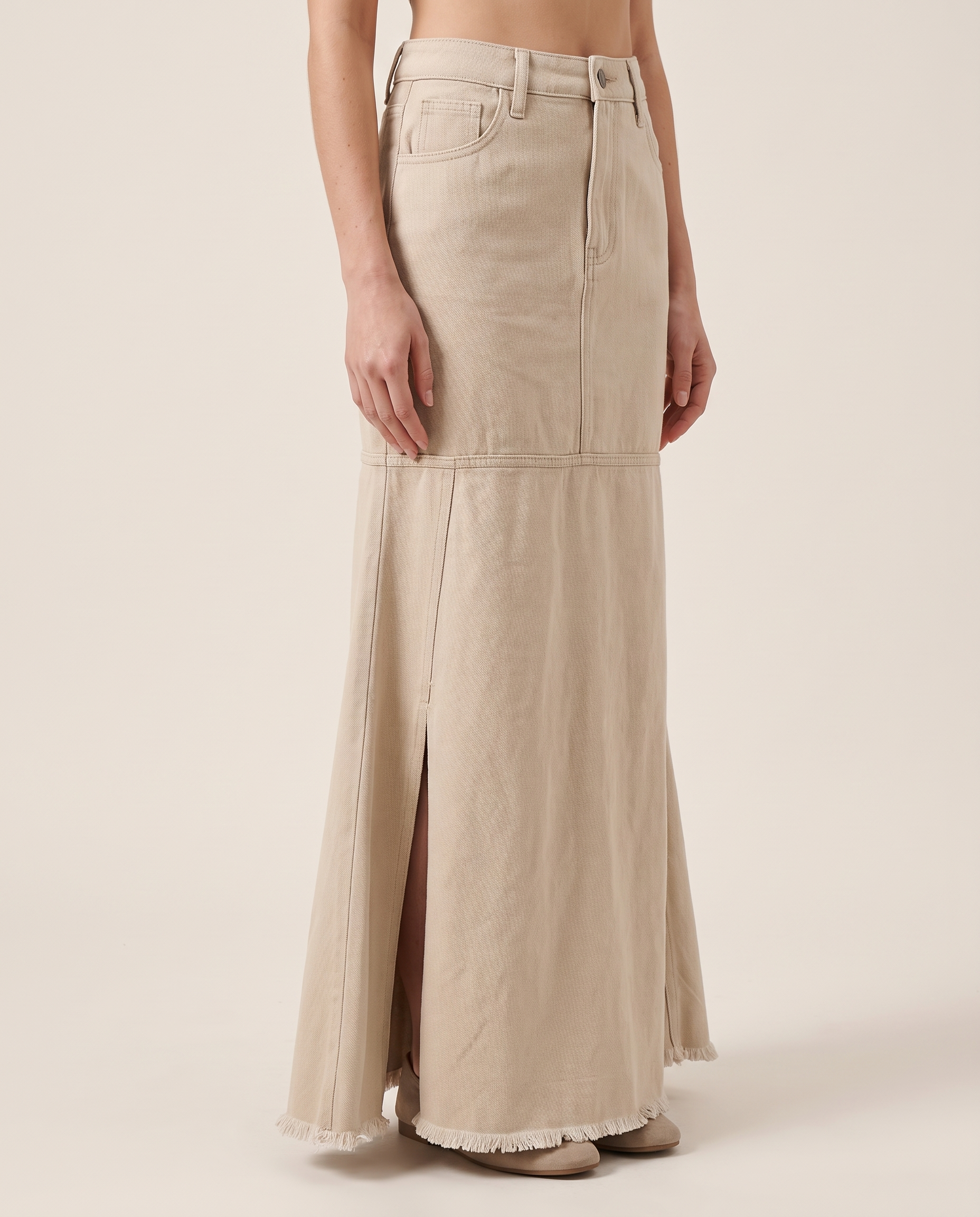 Button-Waist Denim Fishtail Maxi Skirt — three-quarter view