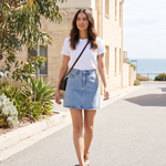 Denim Mini Skirt — outdoor styling