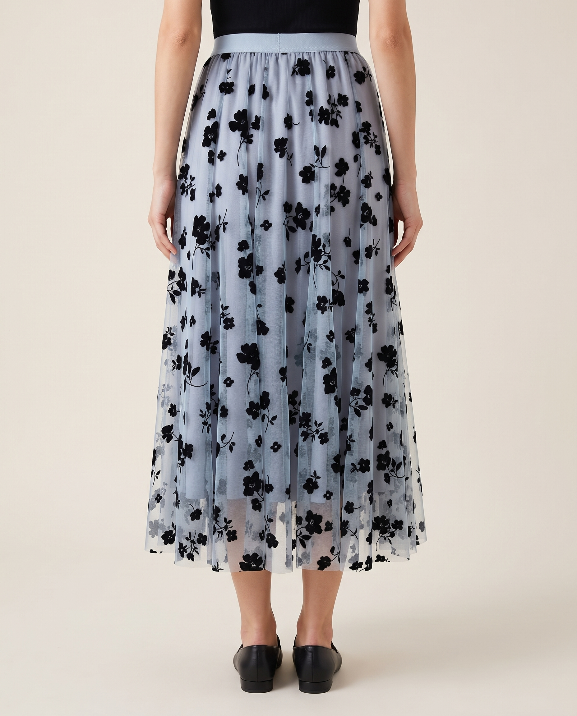 Floral Mesh Pleated Midi Skirt — back view
