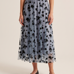 Floral Mesh Pleated Midi Skirt — three-quarter view