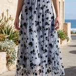 Floral Mesh Pleated Midi Skirt — outdoor styling