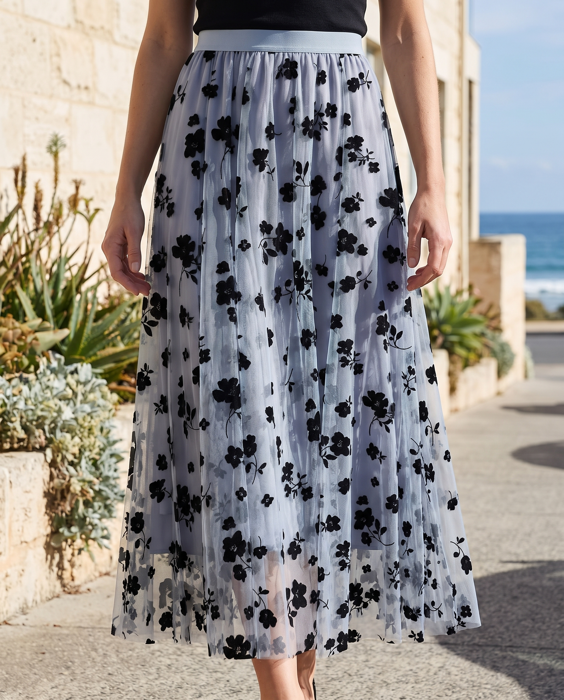 Floral Mesh Pleated Midi Skirt — outdoor styling