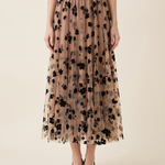 Floral Mesh Pleated Midi Skirt — Khaki front