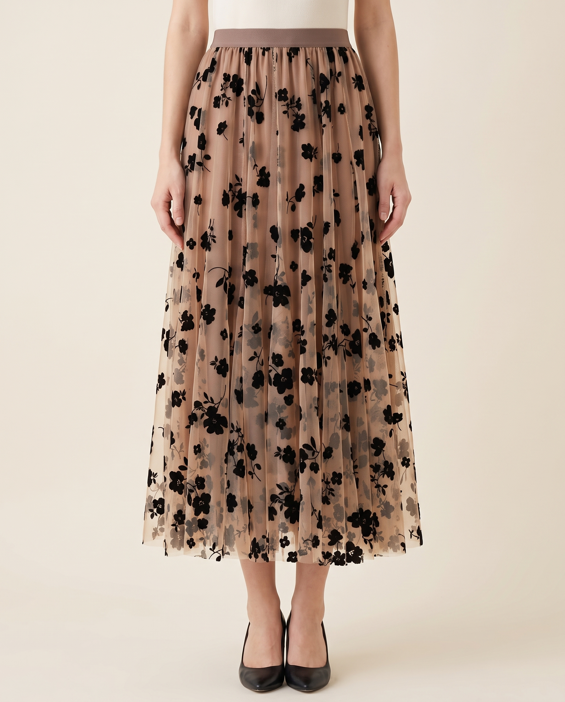Floral Mesh Pleated Midi Skirt — Khaki front
