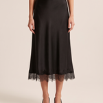 Lace Trim A-Line Midi Skirt — Black front