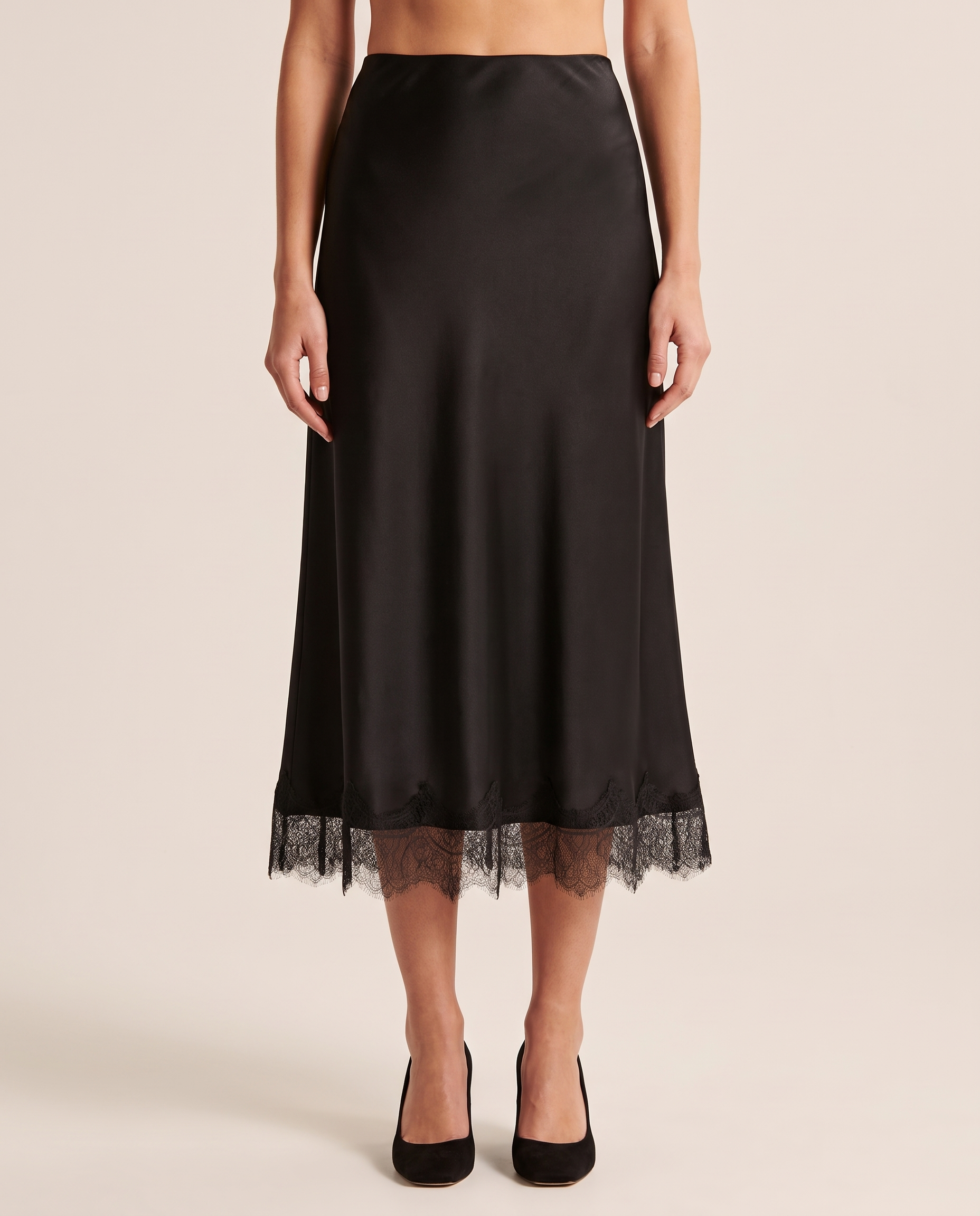 Lace Trim A-Line Midi Skirt — Black front