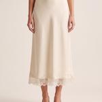 Lace Trim A-Line Midi Skirt — Beige front