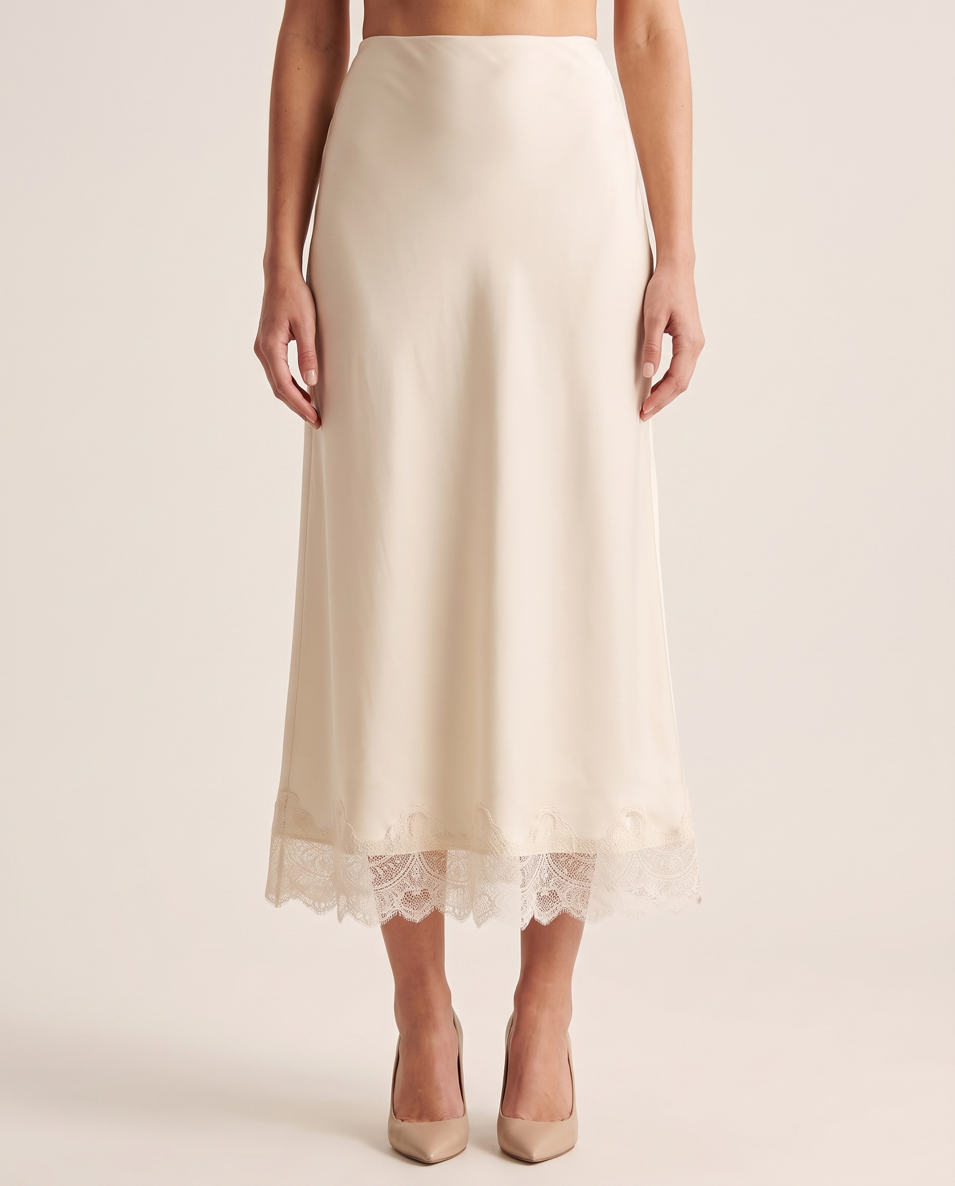 Lace Trim A-Line Midi Skirt — Beige front
