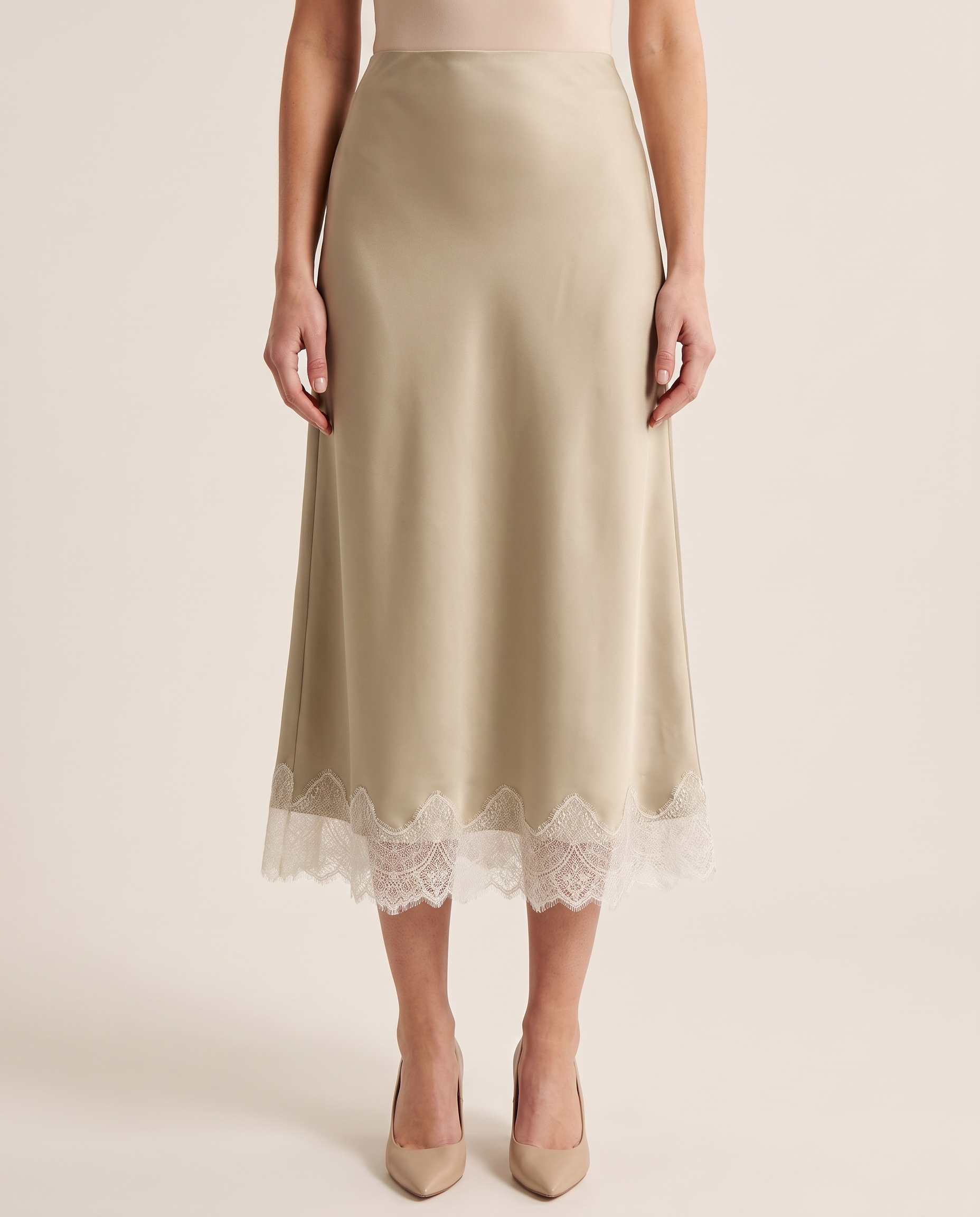 Lace Trim A-Line Midi Skirt — Khaki front